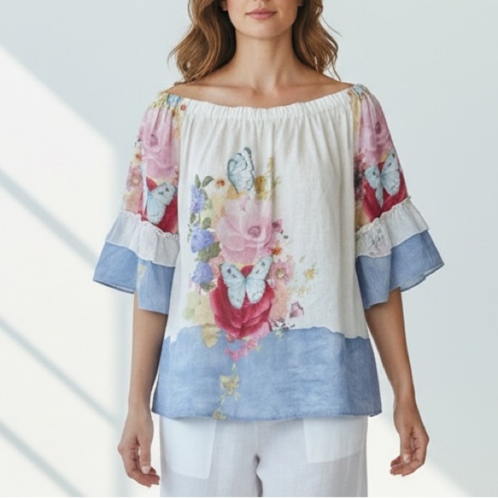 Hester & Orchard Linen Cotton Off Shoulder Peasant Blouse Butterfly Floral Top M